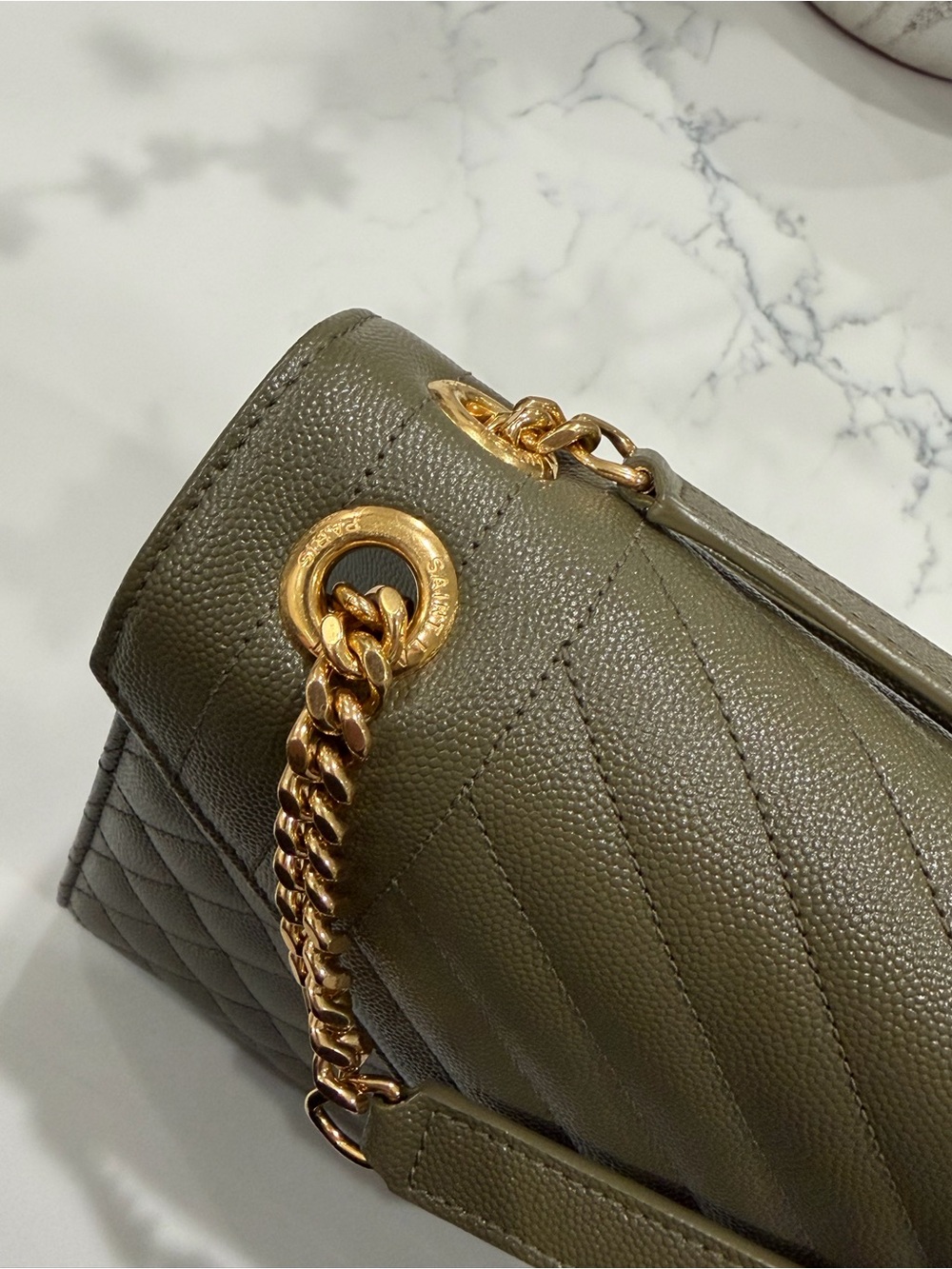 Saint Laurent Quilted Olive Green Envelope Shoulder Bag with Gold Hardware - Picture 7 of 14